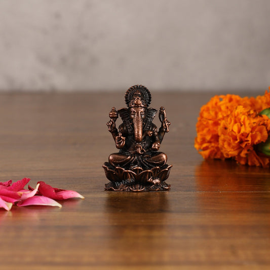 Small Pure Copper Ganapati on Lotus Idol | 2.5" - Sama Homes Idol - Brass Sculpture