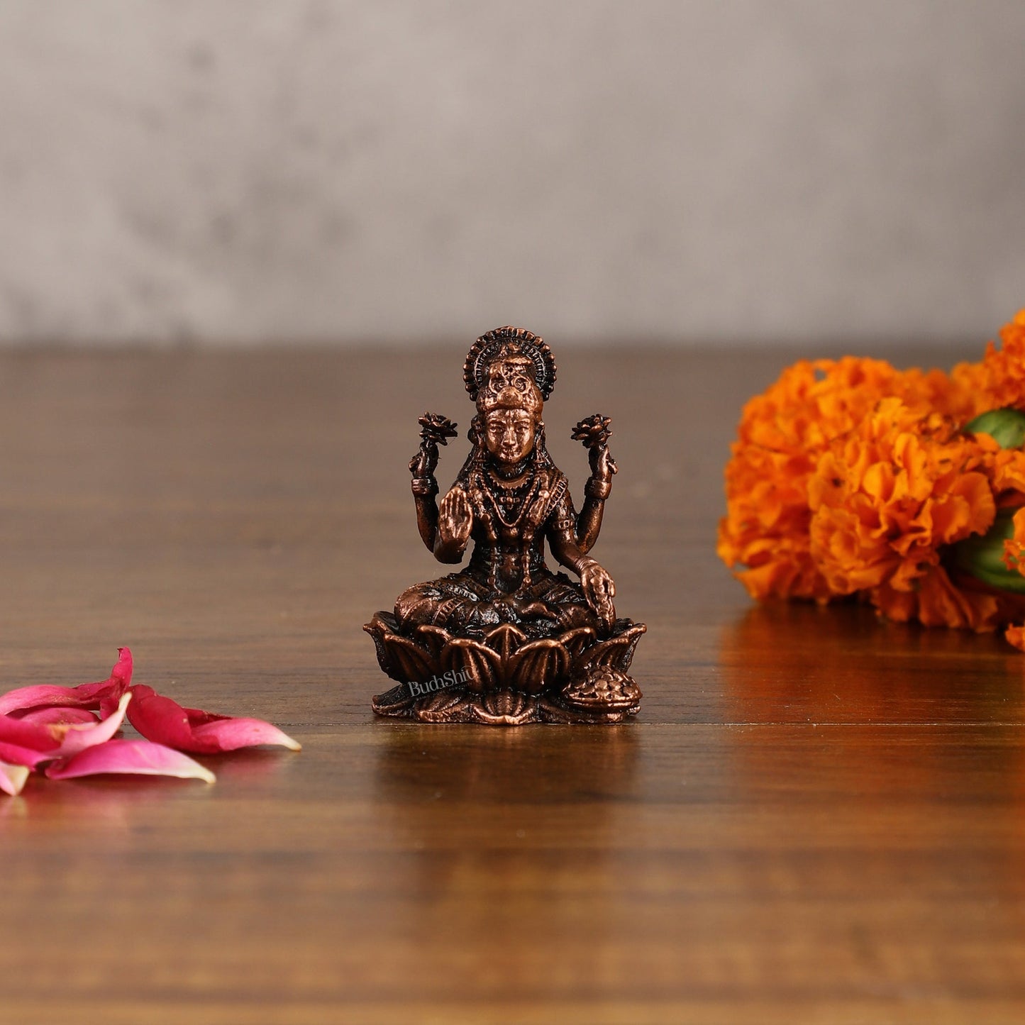 Small Pure Copper laxmi on Lotus Idol | 2.5" - Sama Homes Idol - Brass Sculpture