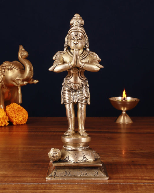 Standing Brass Lord Hanuman in Namaste Anjali Mudra – 9 Inch - Sama Homes Idol - Brass Sculpture