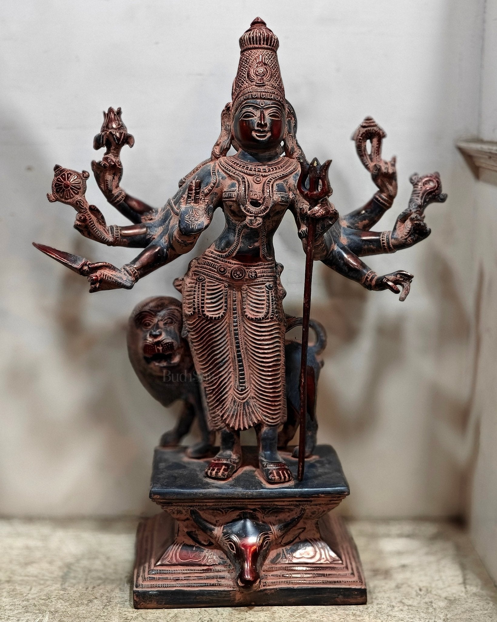 Standing Durga Brass idol with 8 arms and lion 18 inch antique - Sama Homes Idol - Brass Sculpture - Eco-friendly - Sama Homes