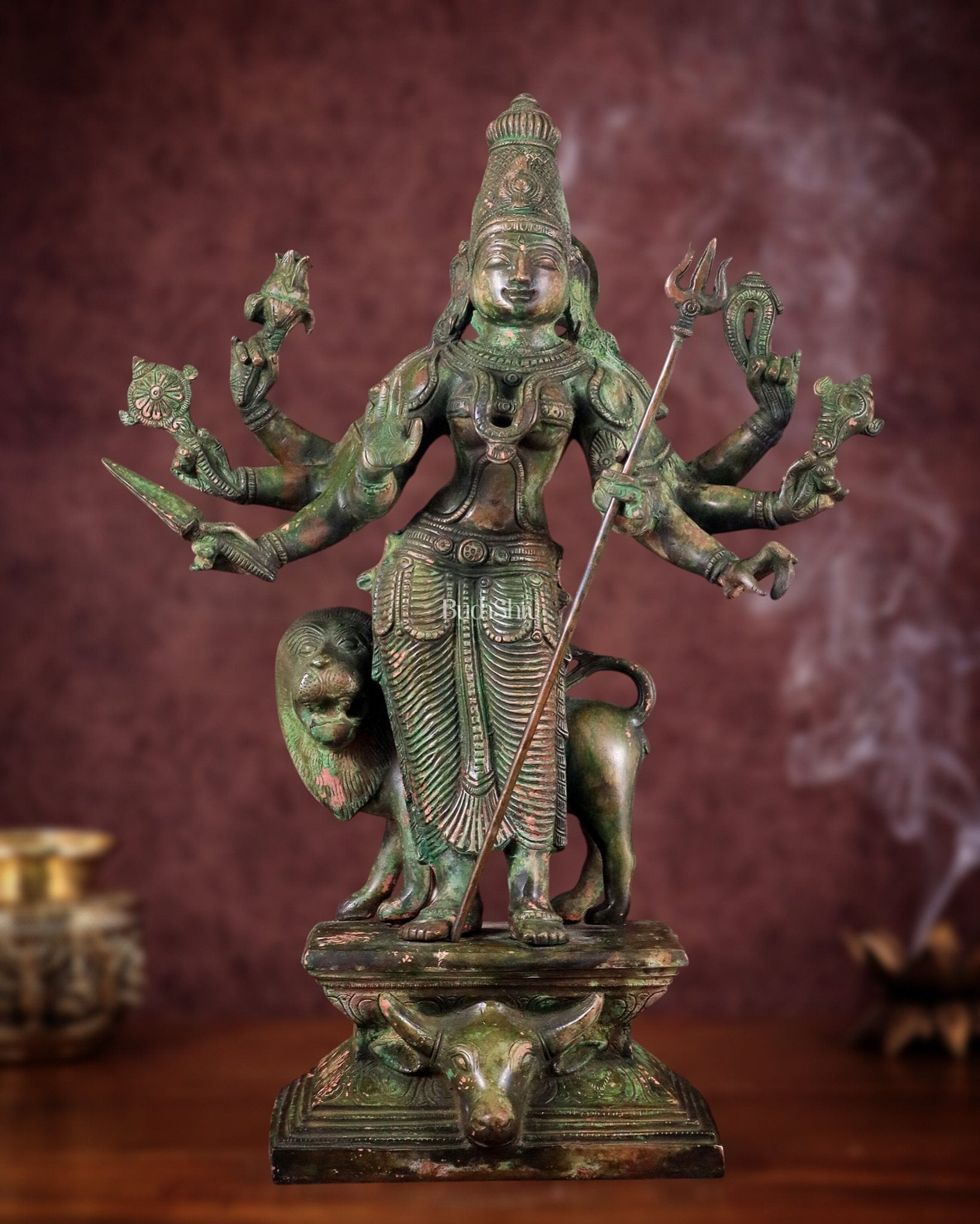 Standing Durga Brass idol with lion 18 inch green - Sama Homes Idol - Brass Sculpture - Eco-friendly - Sama Homes