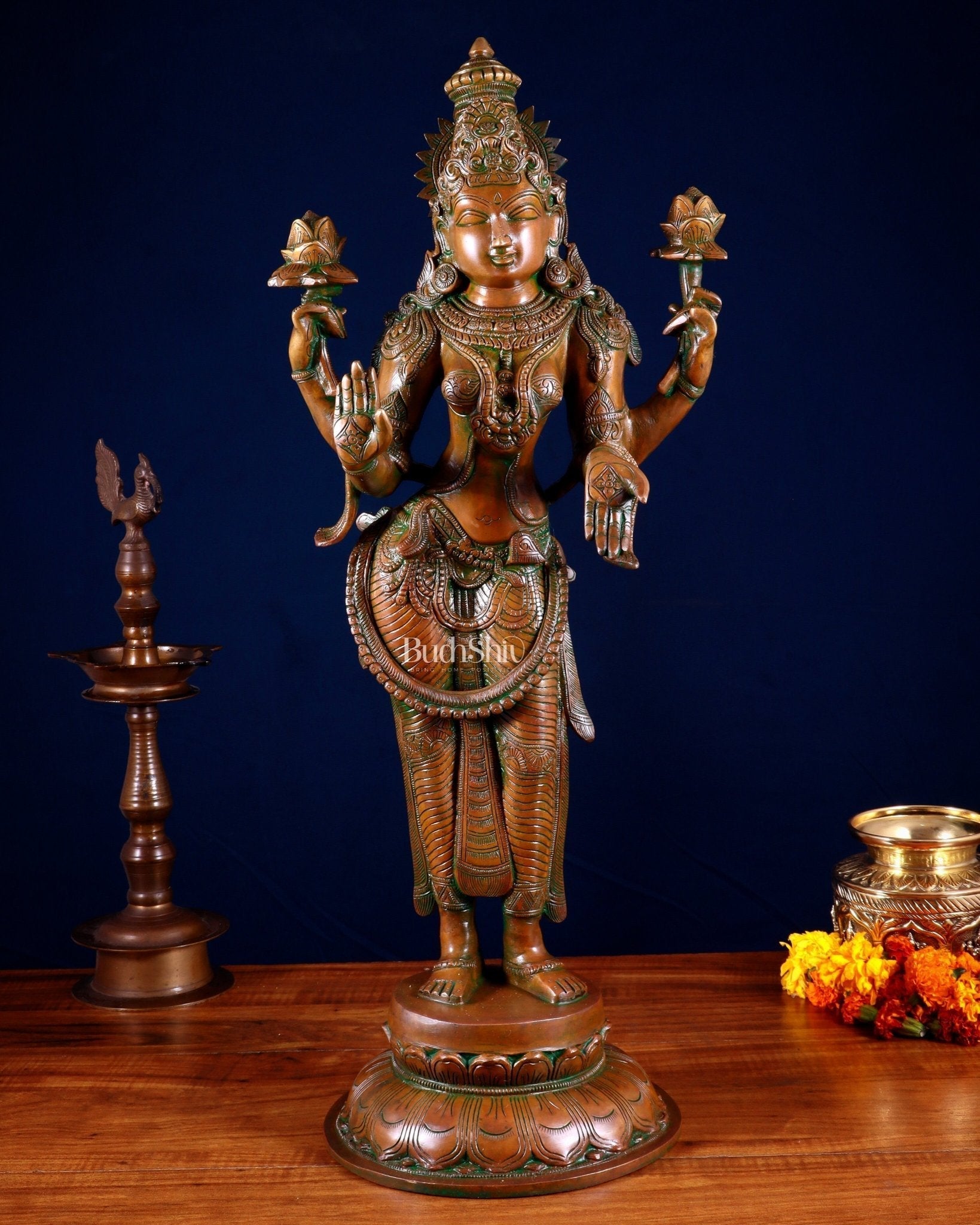 Standing Lakshmi Statue – 24.5” Brass statue with chola bronze layer - Sama Homes Idol - Brass Sculpture - Eco-friendly - Sama Homes