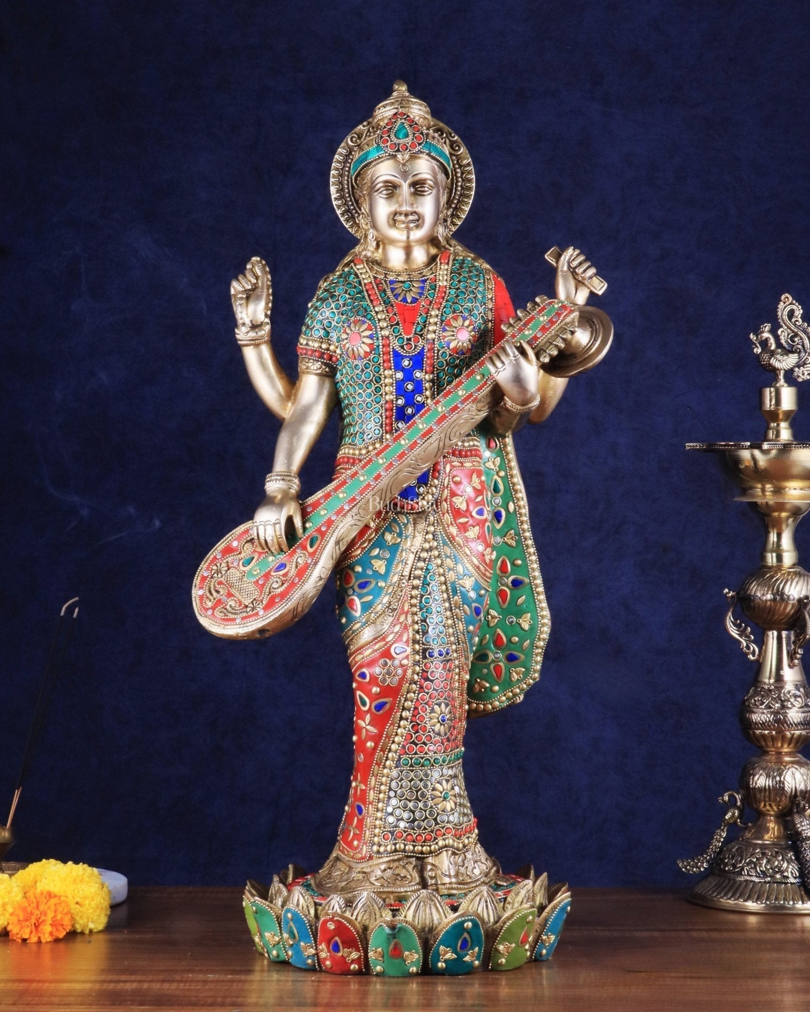 Standing Saraswati Brass Murti meenakari - 25 inch - Sama Homes Idol - Brass Sculpture - Eco-friendly - Sama Homes