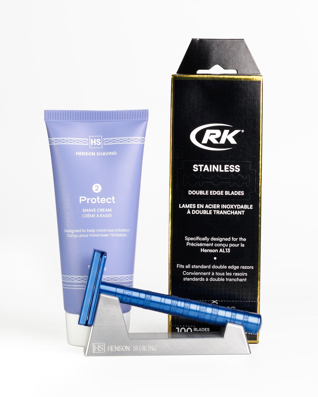 Henson Starter Bundle Steel Blue – AL13 Razor, Shave Cream & Stand – Sama Homes - Eco-friendly - Sama Homes