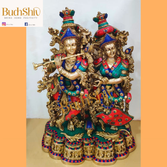 Sama Homes-radha krishna brass idols on same base 28 inches height with double layered meenakari stonework