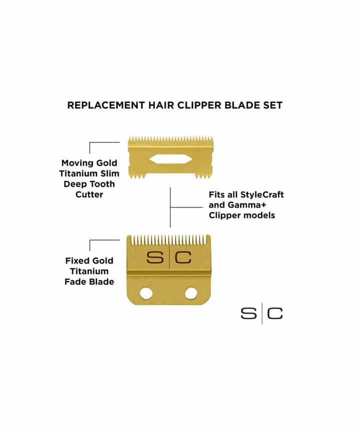 Stylecraft Fixed Gold Titanium Fade Hair Clipper Blade with Moving Gold Titanium Slim Deep Tooth Cutter Set by StyleCraft - Sustainable Living (View 3)