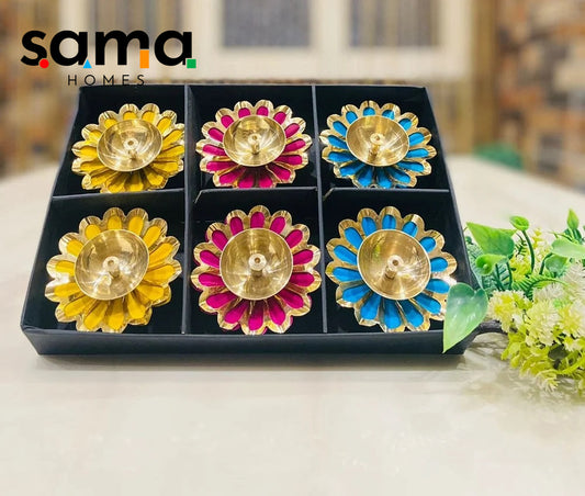 SAMA Homes - sun flower shape antique brass diwali diya set of 6 for temple pooja