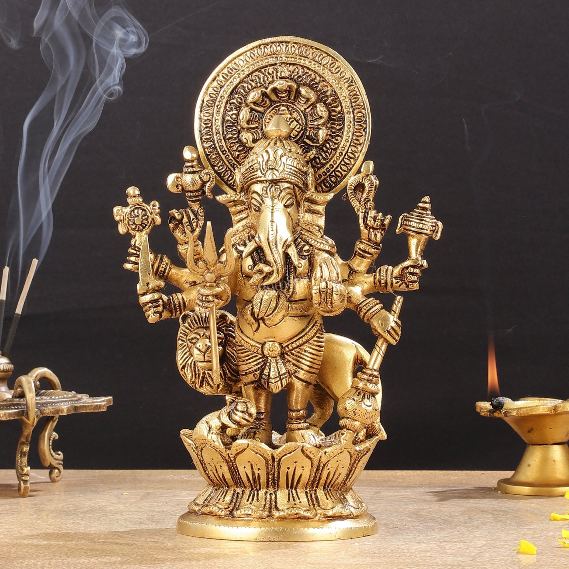 Superfine 8-Inch Brass Kanadrishti Ganesha with Lion Idol - Sama Homes Idol - Brass Sculpture - Eco-friendly - Sama Homes