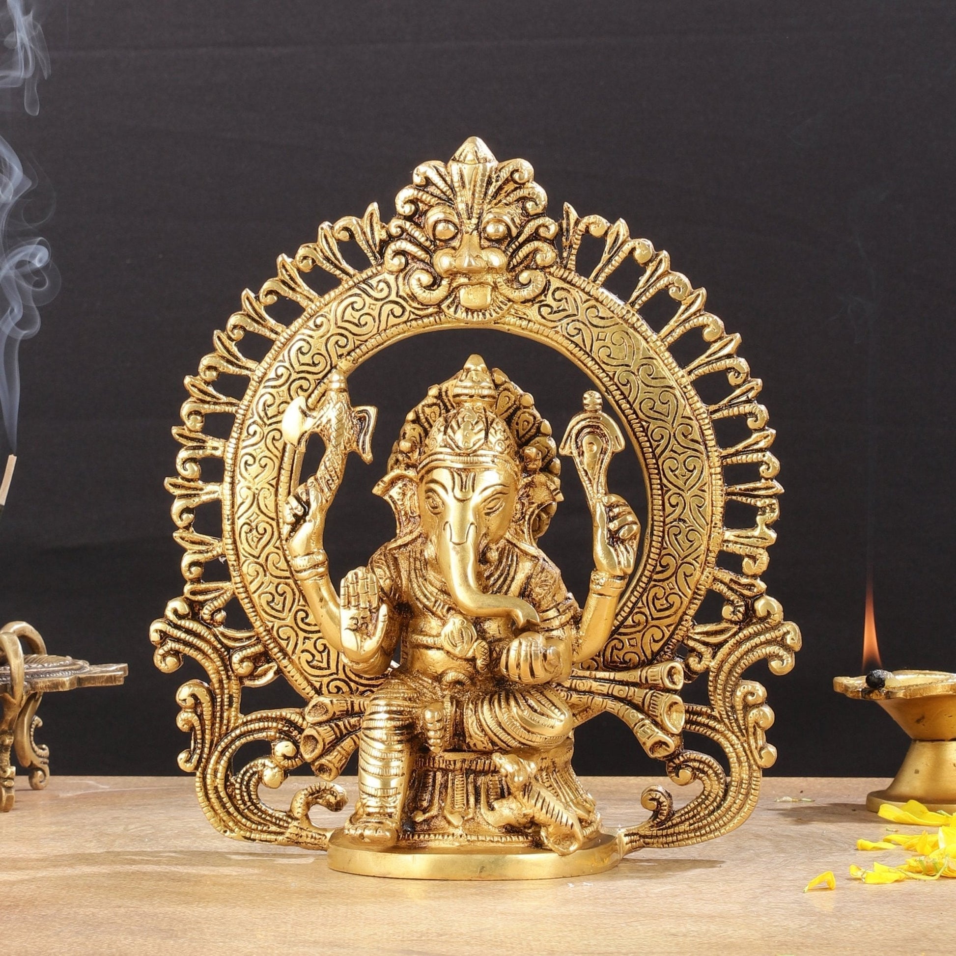 Superfine 9-Inch Brass Lord Ganesha Statue with Arch Prabhavali - Sama Homes Idol - Brass Sculpture - Eco-friendly - Sama Homes
