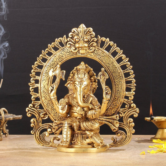 Superfine 9-Inch Brass Lord Ganesha Statue with Arch Prabhavali - Sama Homes Idol - Brass Sculpture
