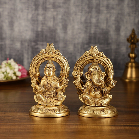 Superfine Brass Ganesh Lakshmi Idol Pair | 5.5 Inch Height - Sama Homes Idol - Brass Sculpture