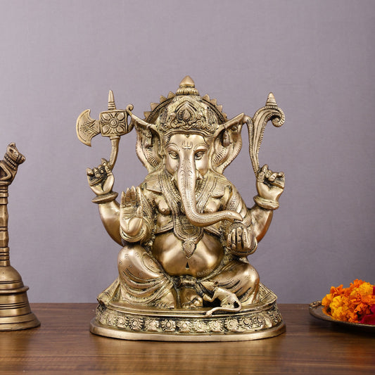 Superfine Brass Ganesha Statue - 12" Divine Blessings - Sama Homes Idol - Brass Sculpture