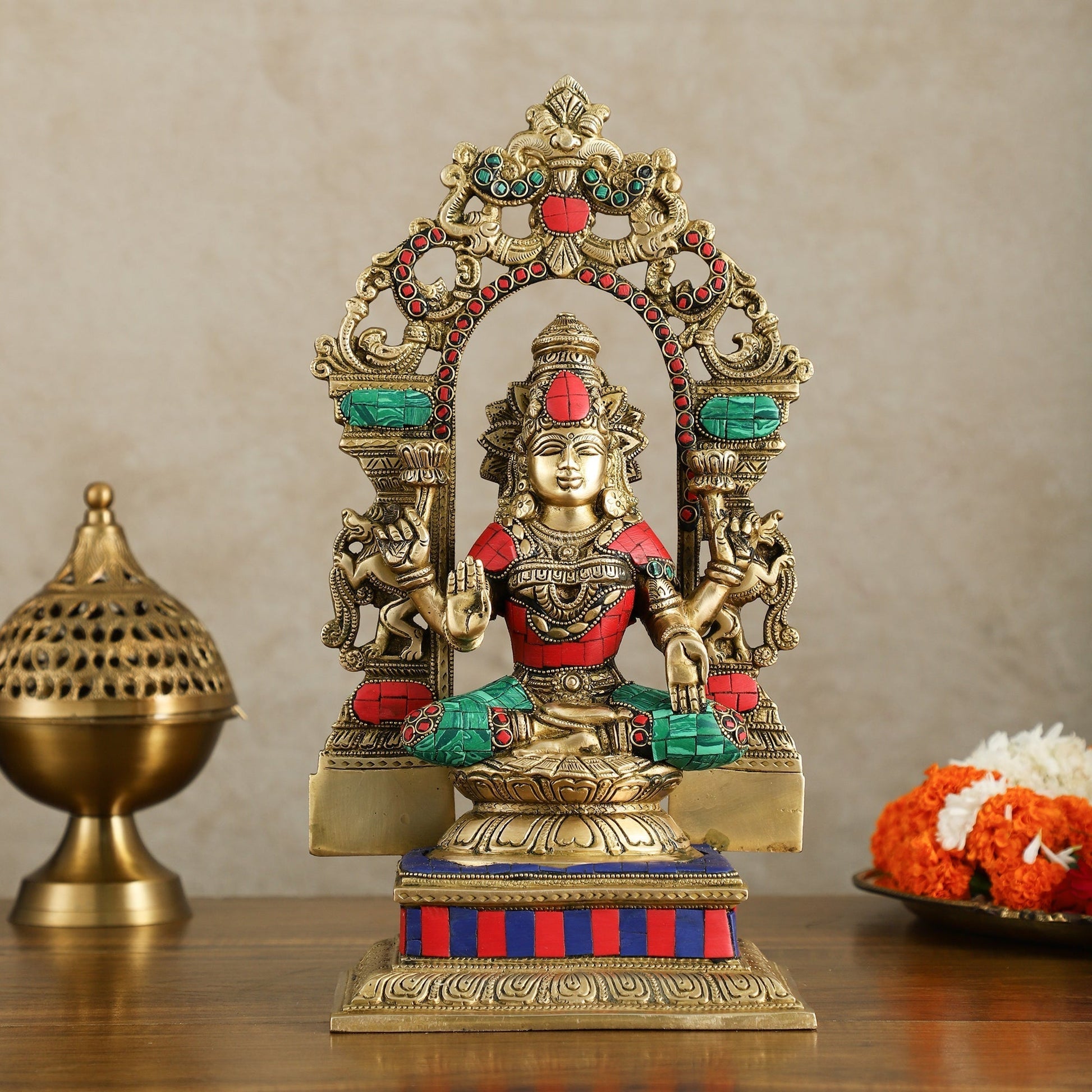 Superfine Brass Goddess Lakshmi Idol with arch Meenakari Stonework- 12 inch - Sama Homes Idol - Brass Sculpture - Eco-friendly - Sama Homes
