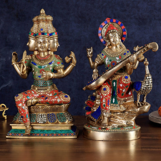 Superfine Brass Goddess Saraswati & Lord Brahma Pair | Divine Seated Sculptures - Sama Homes Idol - Brass Sculpture