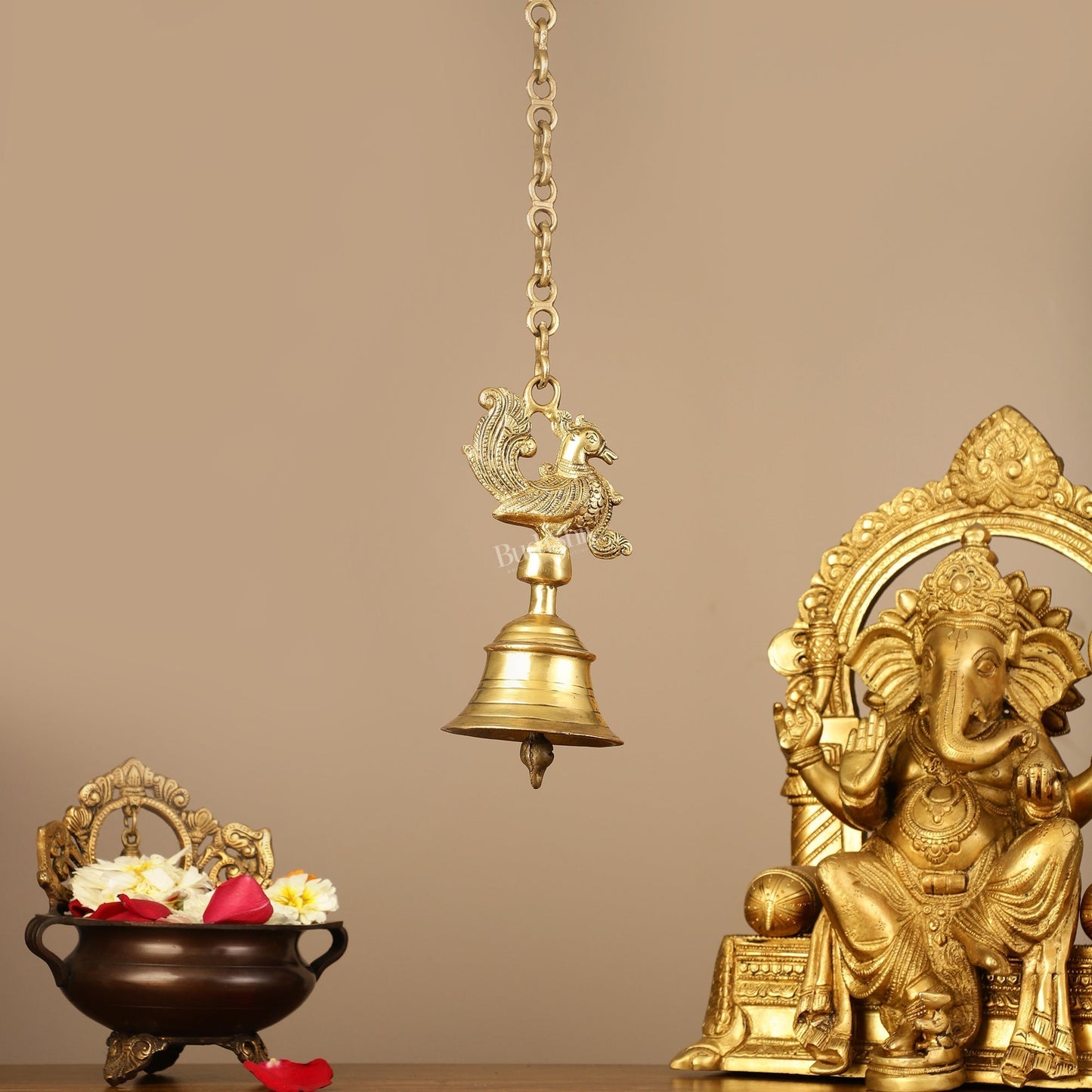 Superfine Brass Hanging Peacock Temple Bell - 7.5 Inch with 20-Inch Chain