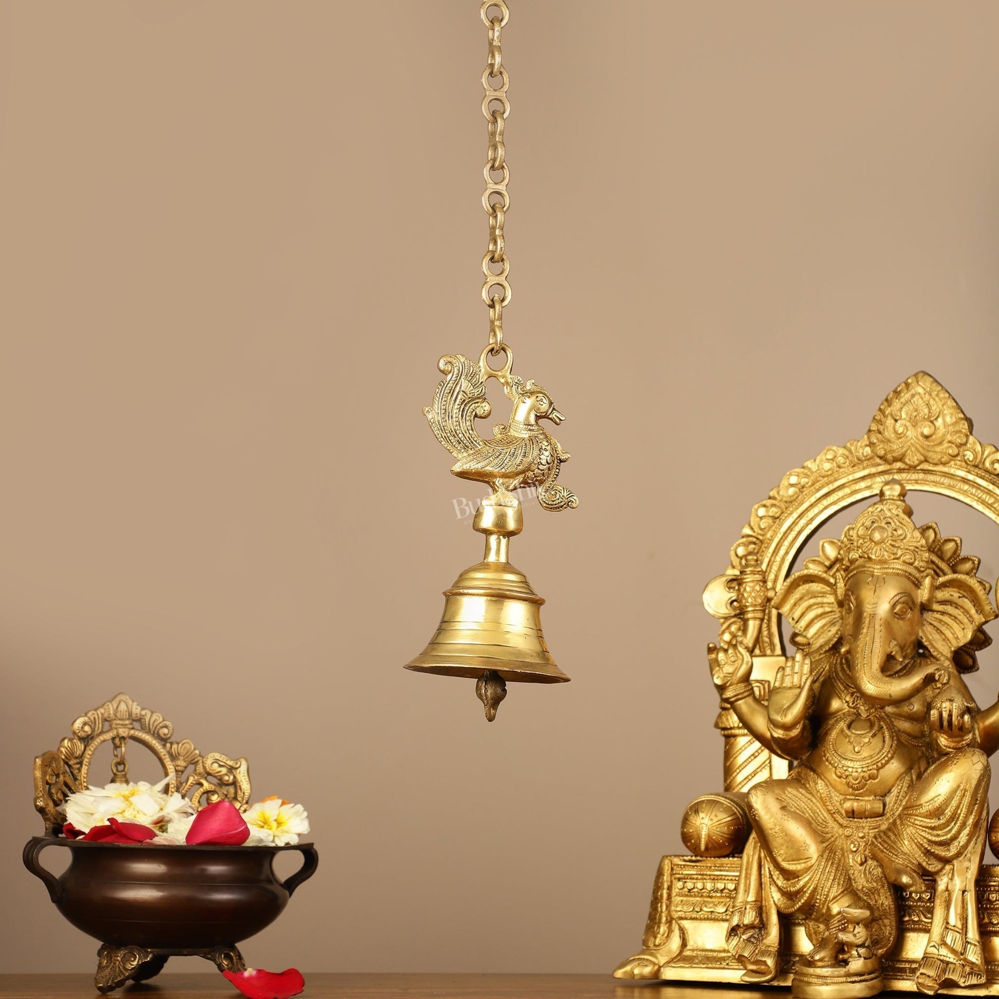 Superfine Brass Hanging Peacock Temple Bell - 7.5 Inch with 20-Inch Chain - Eco-friendly - Sama Homes