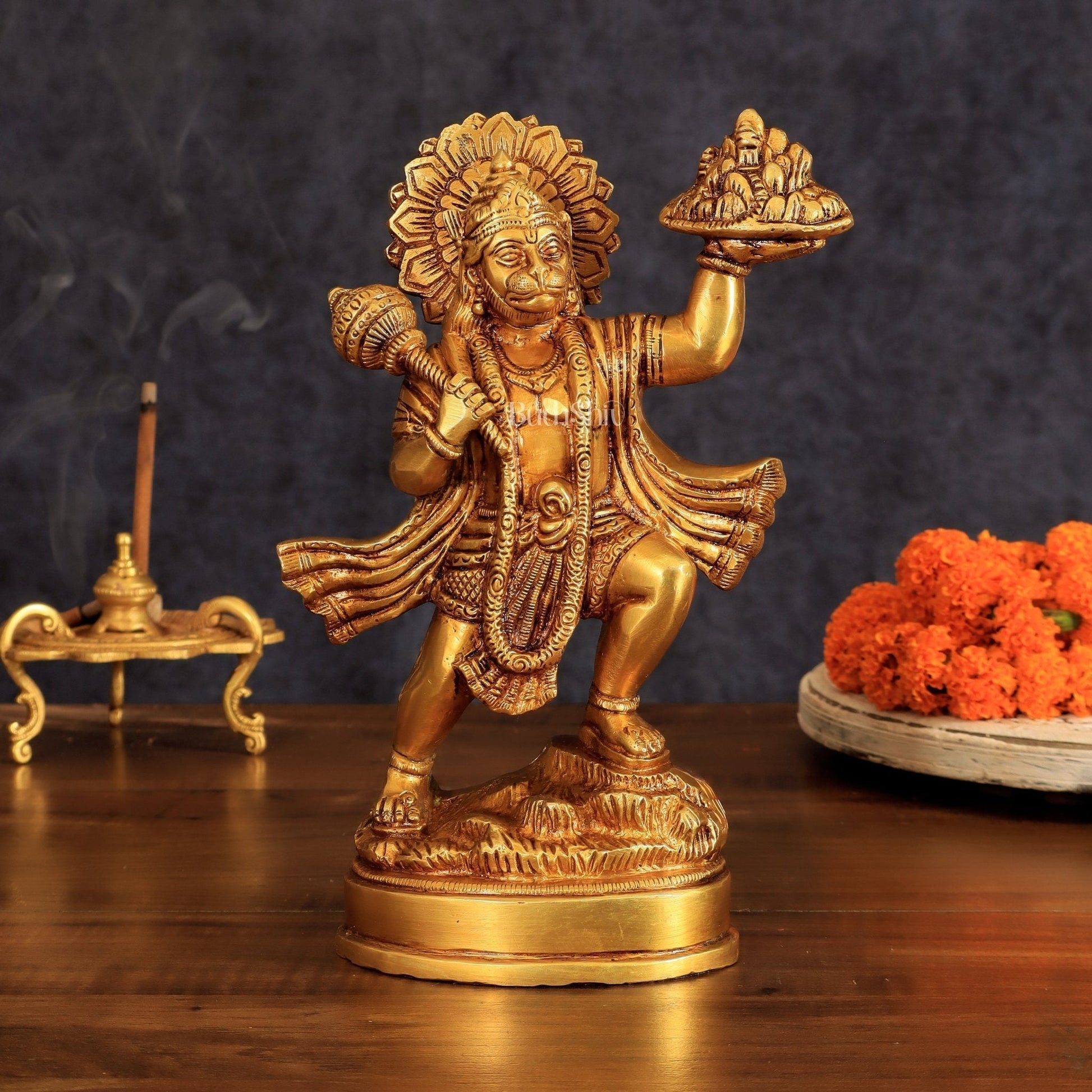 Superfine Brass Idol of Lord Hanuman with Sanjeevani Mountain 10 inch - Sama Homes Idol - Brass Sculpture - Eco-friendly - Sama Homes