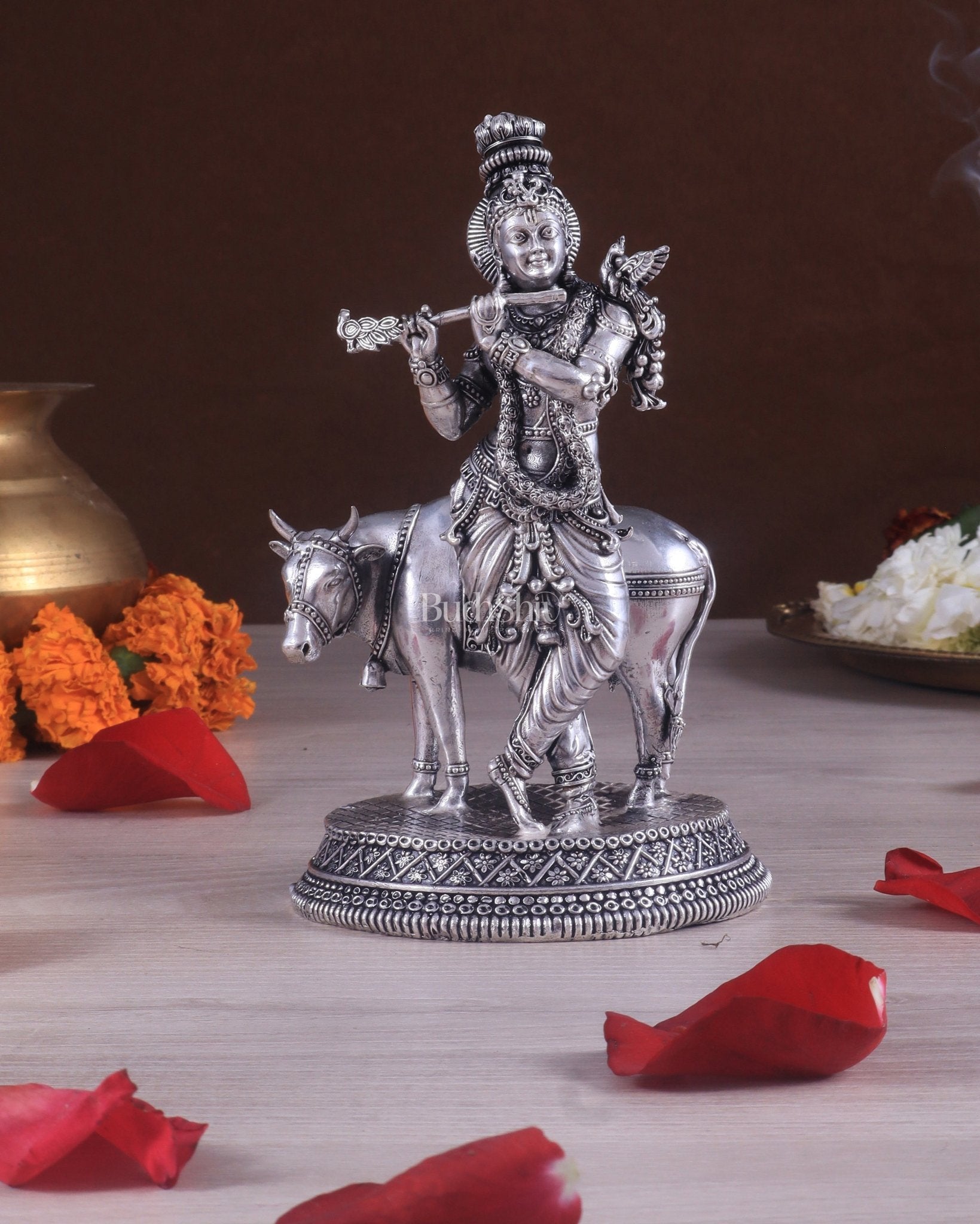 Superfine Brass Intricate Krishna with Cow idol - 7" silver plated - Sama Homes Idol - Brass Sculpture - Eco-friendly - Sama Homes