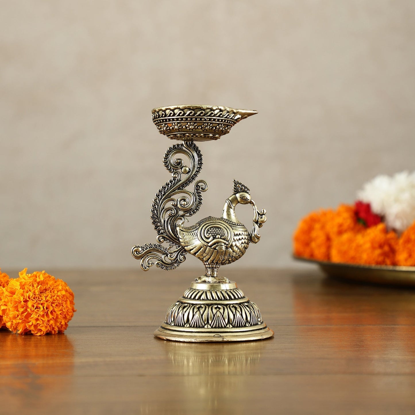 Superfine Brass Intricate Peacock Diya Oil Lamp – 5 Inch (12.7 cm) – Sama Homes