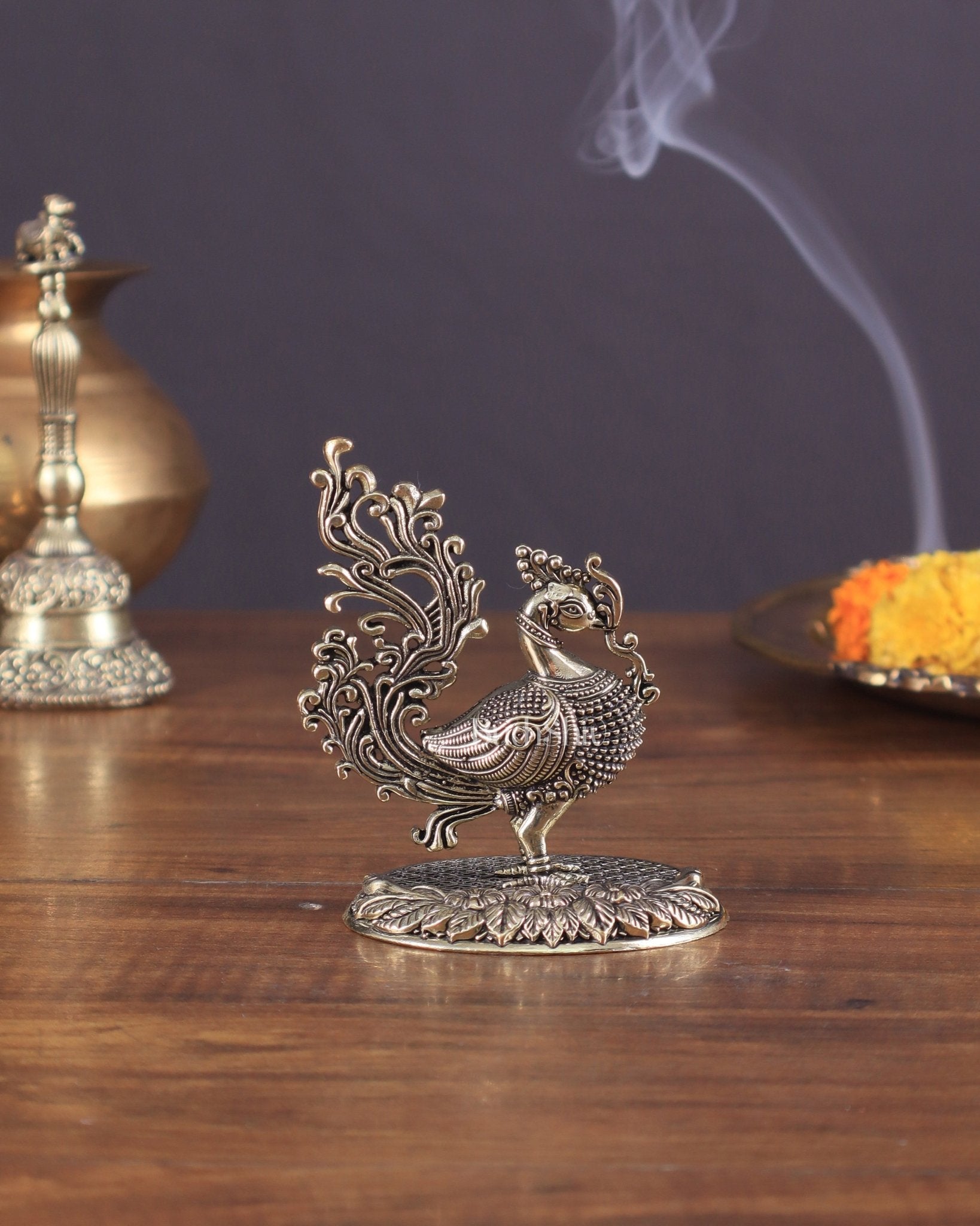 Superfine brass Intricate Peacock Showpiece – 4" - Sama Homes Idol - Brass Sculpture - Eco-friendly - Sama Homes