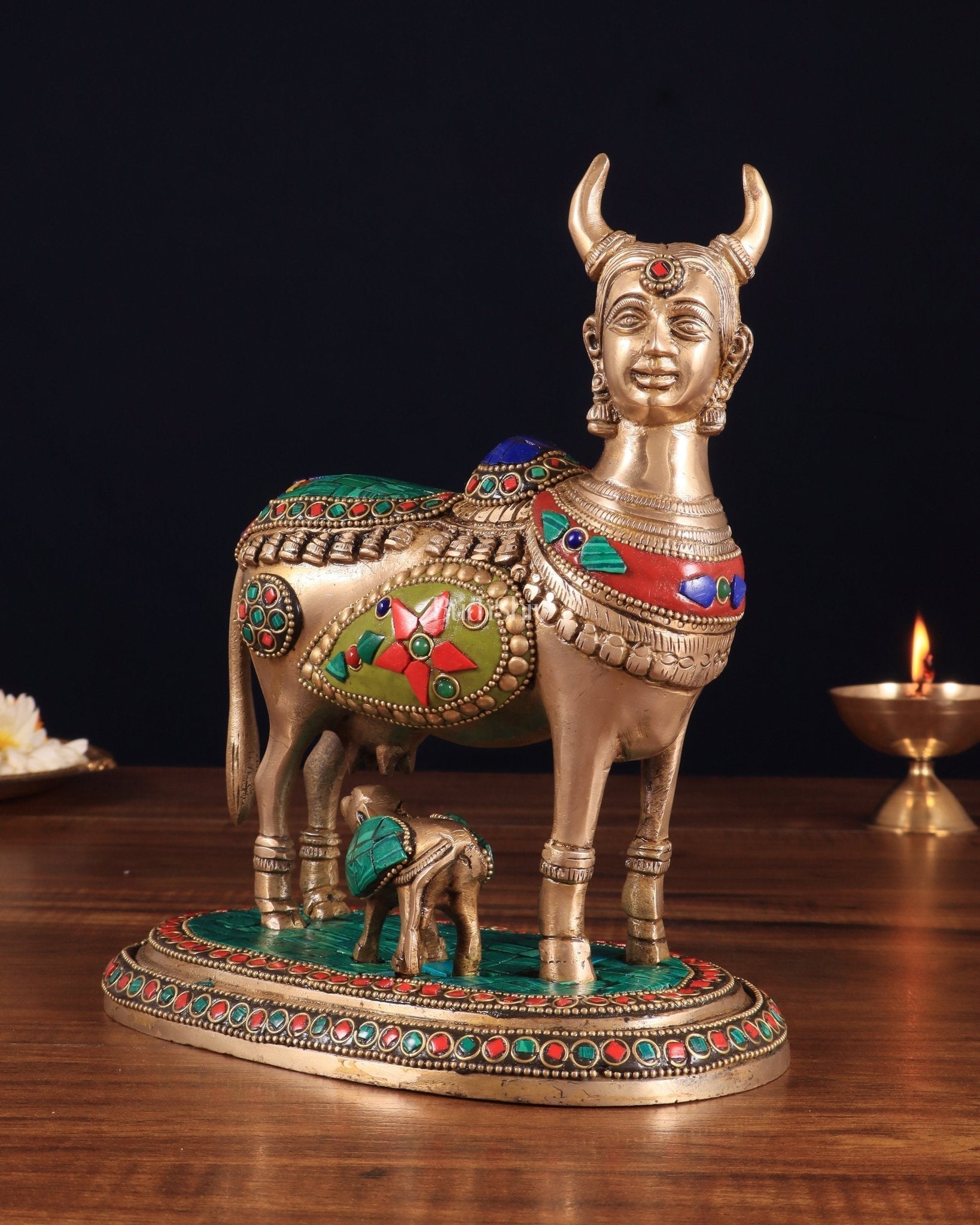 Superfine Brass Kamadhenu Cow with Calf Idol | Height 8.5 inch with stonework - Eco-friendly - Sama Homes