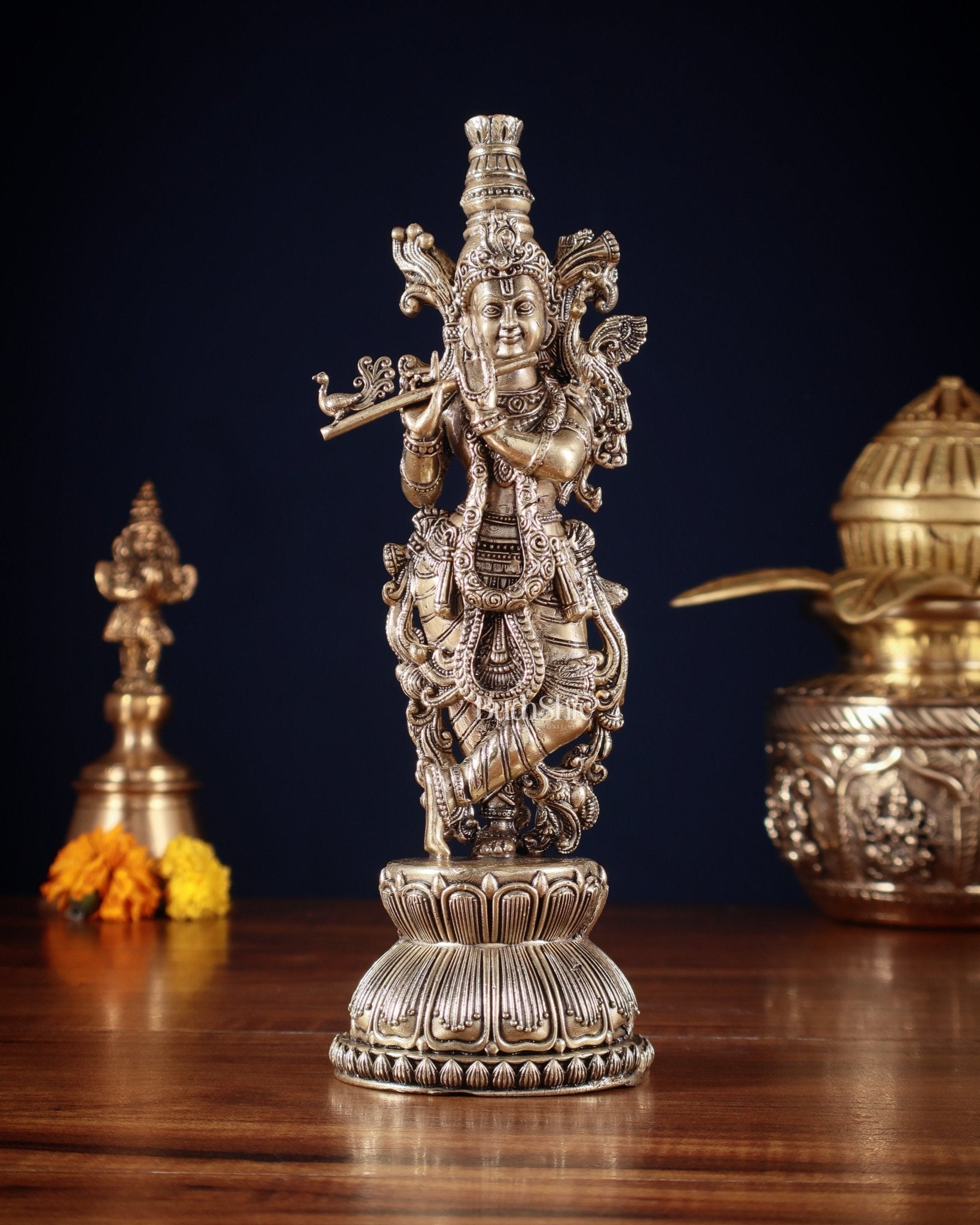 Superfine Brass Krishna Idol – 9” Height | - Sama Homes Idol - Brass Sculpture - Eco-friendly - Sama Homes