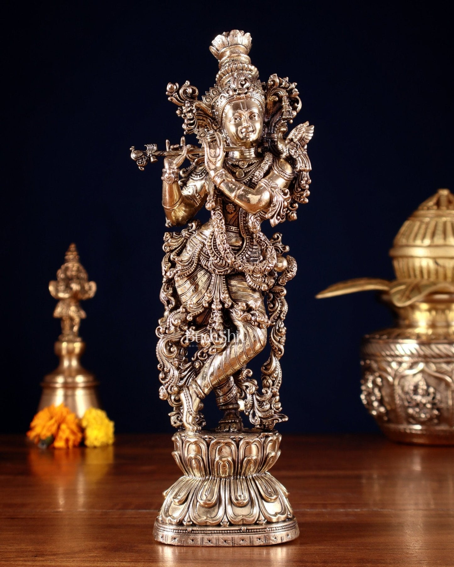 Superfine Brass Krishna Idol – 9.5” Height - Sama Homes Idol - Brass Sculpture
