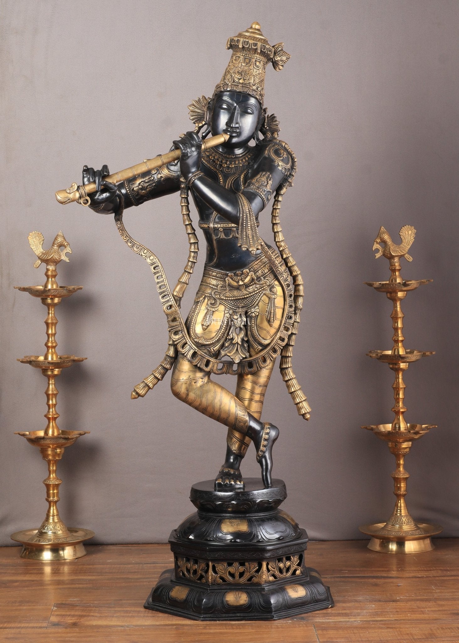 Superfine Brass Krishna Sculpture - 45 Inch Black edition - Sama Homes Idol - Brass Sculpture - Eco-friendly - Sama Homes