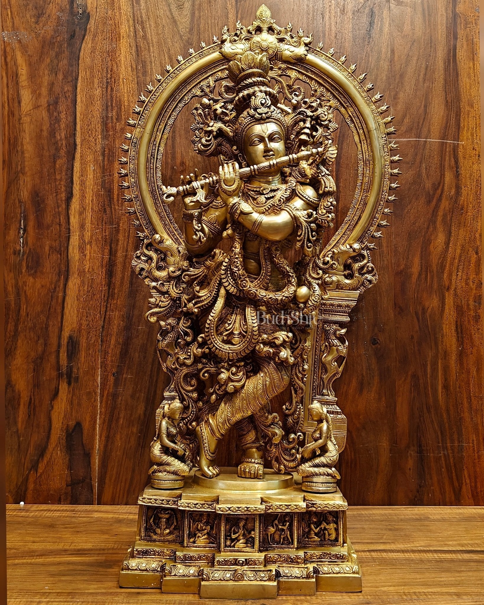 Superfine Brass Krishna Statue | Embossed Prabhaval 32" - Sama Homes Idol - Brass Sculpture - Eco-friendly - Sama Homes