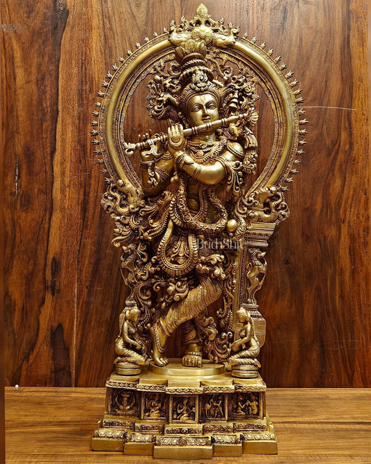 Superfine Brass Krishna Statue | Embossed Prabhaval 32" - Sama Homes Idol - Brass Sculpture