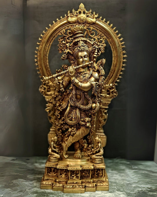 Superfine Brass Krishna Statue with Arch 32" - Sama Homes Idol - Brass Sculpture