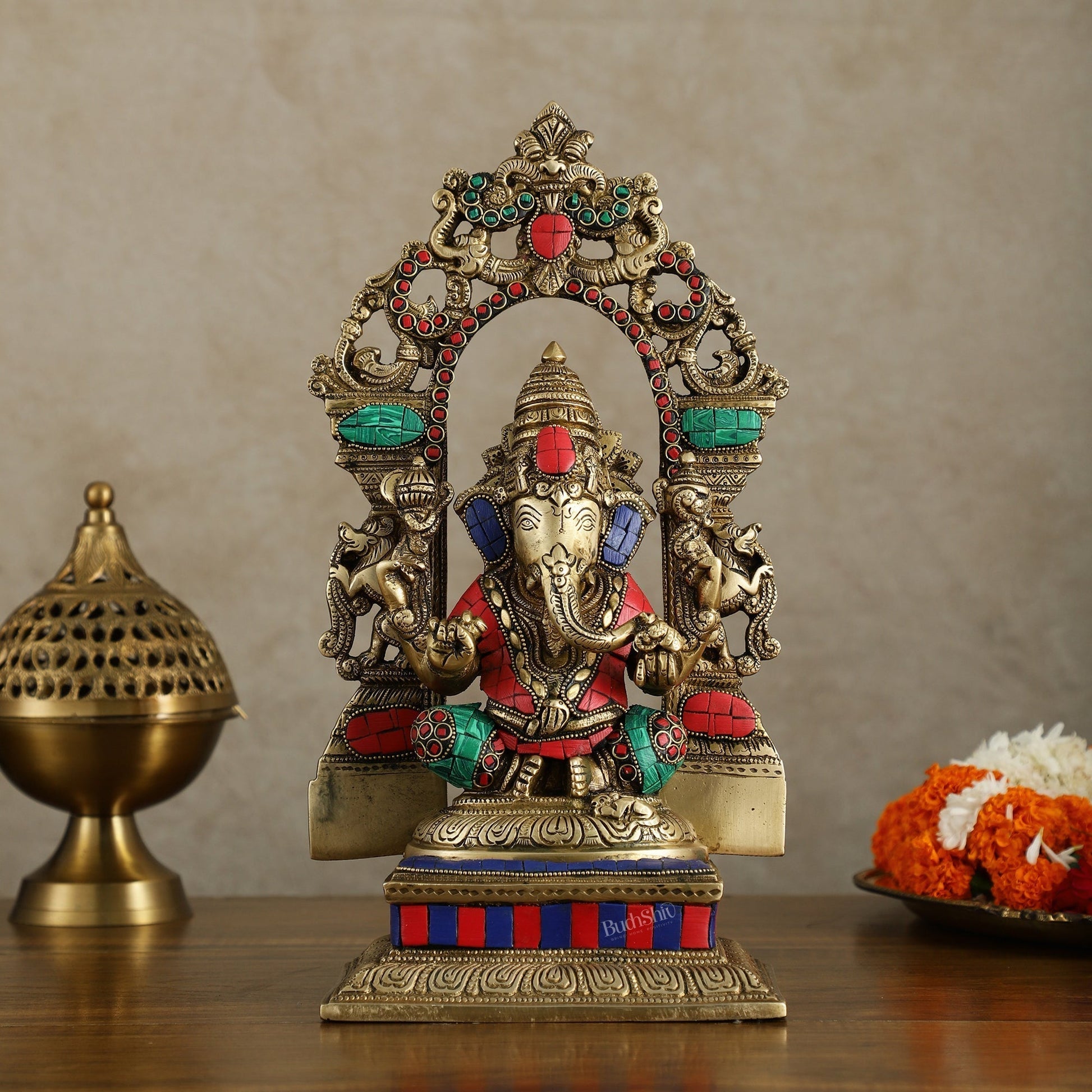 Superfine Brass Lord Ganesha Idol with arch Meenakari Stonework - 12 inch - Sama Homes Idol - Brass Sculpture - Eco-friendly - Sama Homes