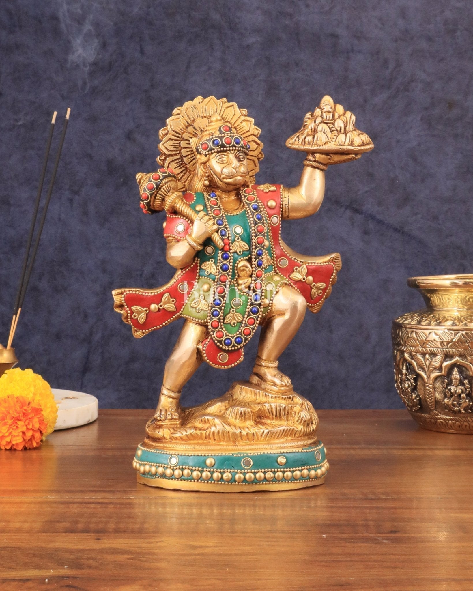 Superfine Brass Lord Hanuman with Sanjeevani Mountain 10 inch - Sama Homes Idol - Brass Sculpture - Eco-friendly - Sama Homes