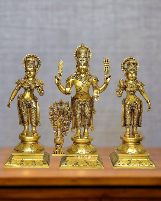 Superfine Brass Lord Kartikeya Murugan Swamy with Devasena and Valli Idol Set - 18.5" - Sama Homes Idol - Brass Sculpture