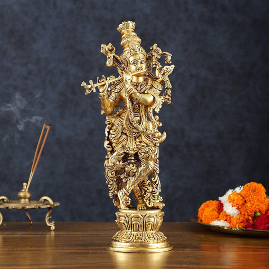 Superfine Brass Lord Krishna Idol Original statue - 14 inch - Sama Homes Idol - Brass Sculpture