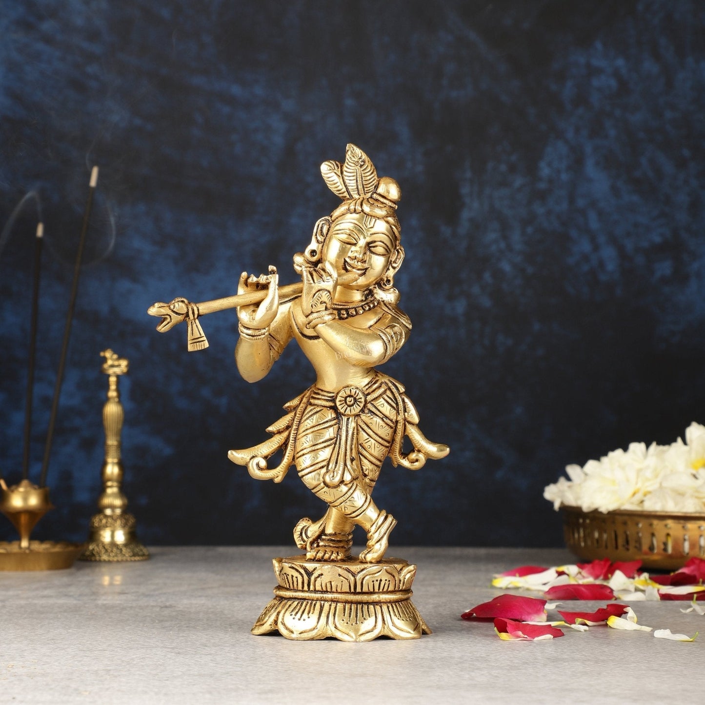 Superfine Brass Lord Krishna Idol Standing on Lotus Base - 7 inch - Sama Homes Idol - Brass Sculpture