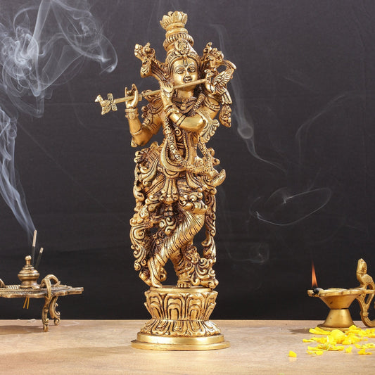 Superfine Brass Lord Krishna Idol with Enhanced Carvings - 14 inch - Sama Homes Idol - Brass Sculpture