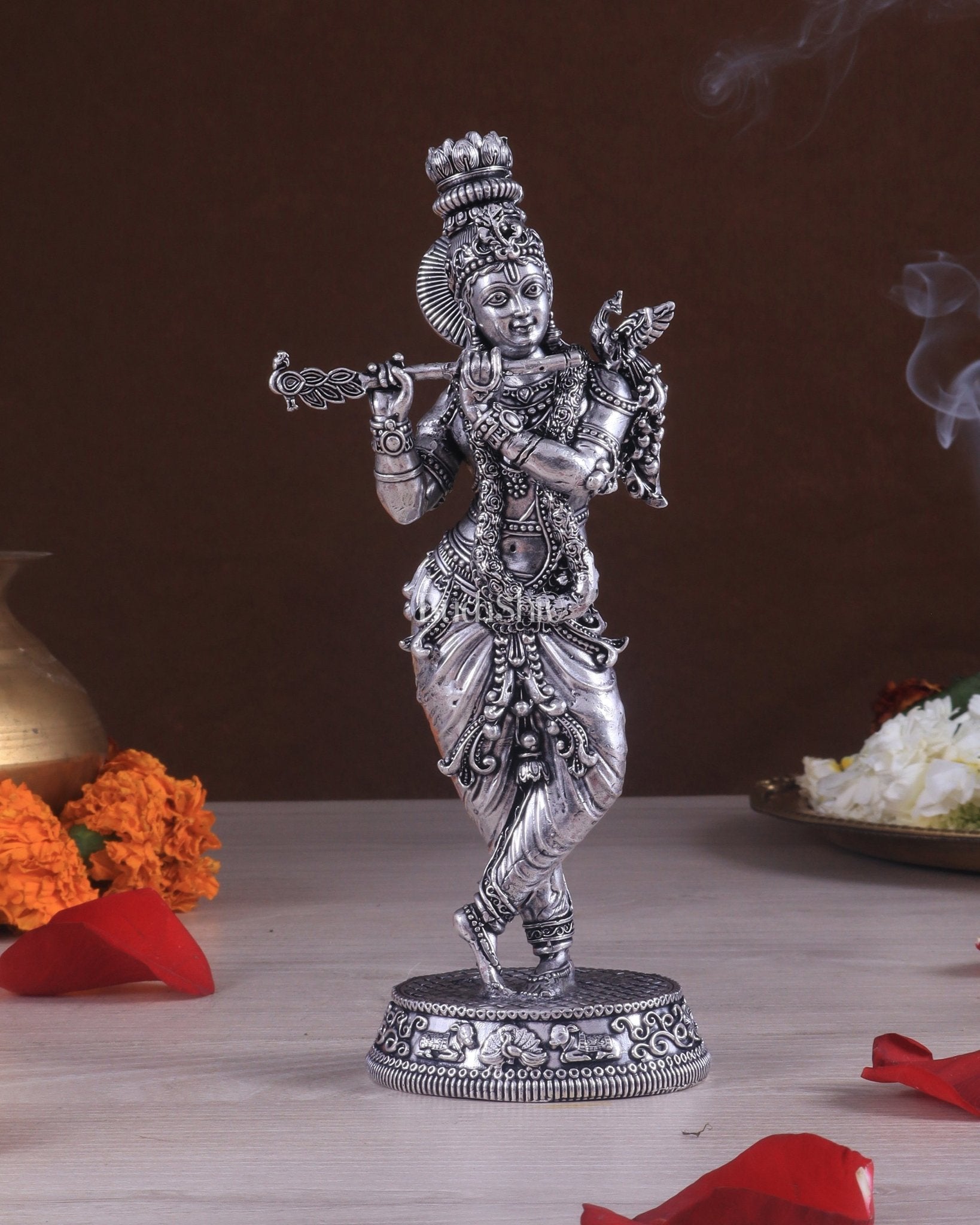 Superfine Brass Lord Krishna Intricate Idol 10" silver plated - Sama Homes Idol - Brass Sculpture - Eco-friendly - Sama Homes