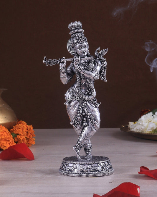 Superfine Brass Lord Krishna Intricate Idol 10" silver plated - Sama Homes Idol - Brass Sculpture
