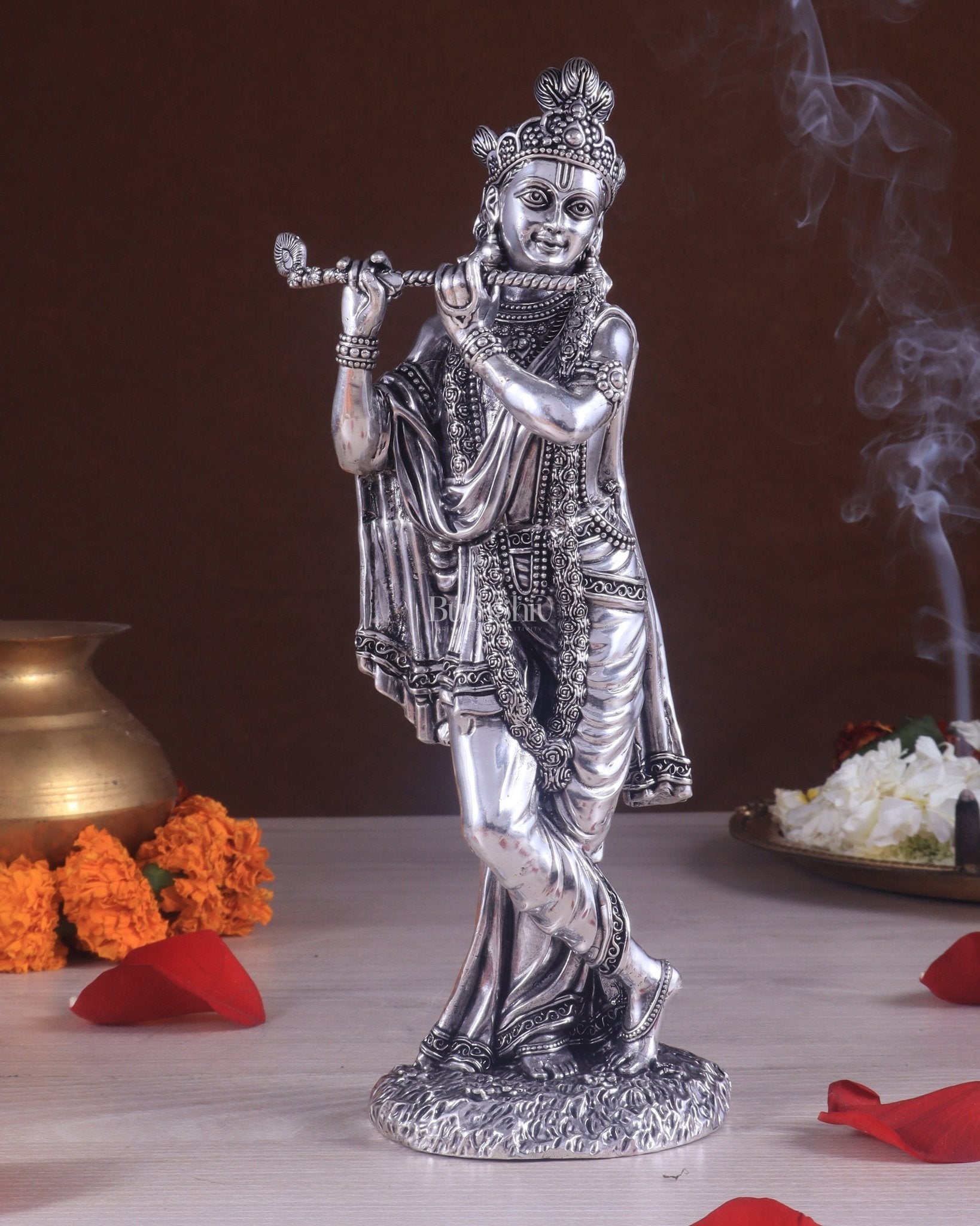 Superfine Brass Lord Krishna Intricate Idol 10" silver plated - Sama Homes Idol - Brass Sculpture - Eco-friendly - Sama Homes