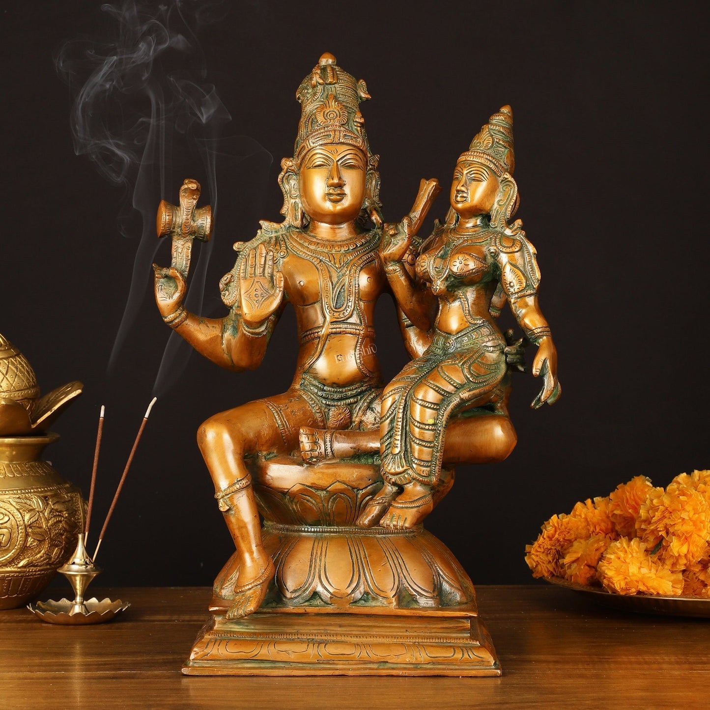 Superfine Brass Lord Shiva and Goddess Parvati Idol - 15" Height - Sama Homes Idol - Brass Sculpture