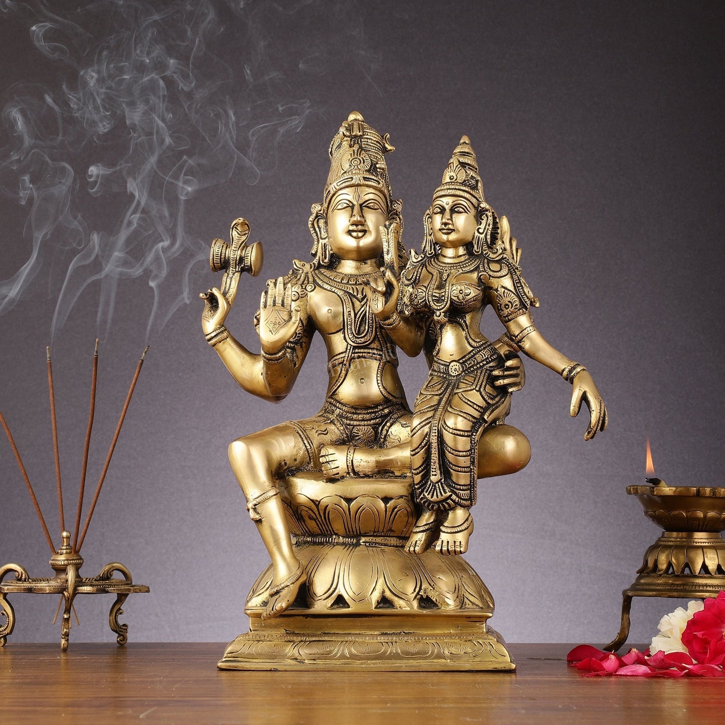 Superfine Brass Lord Shiva and Goddess Parvati Idol - 15 inch - Sama Homes Idol - Brass Sculpture