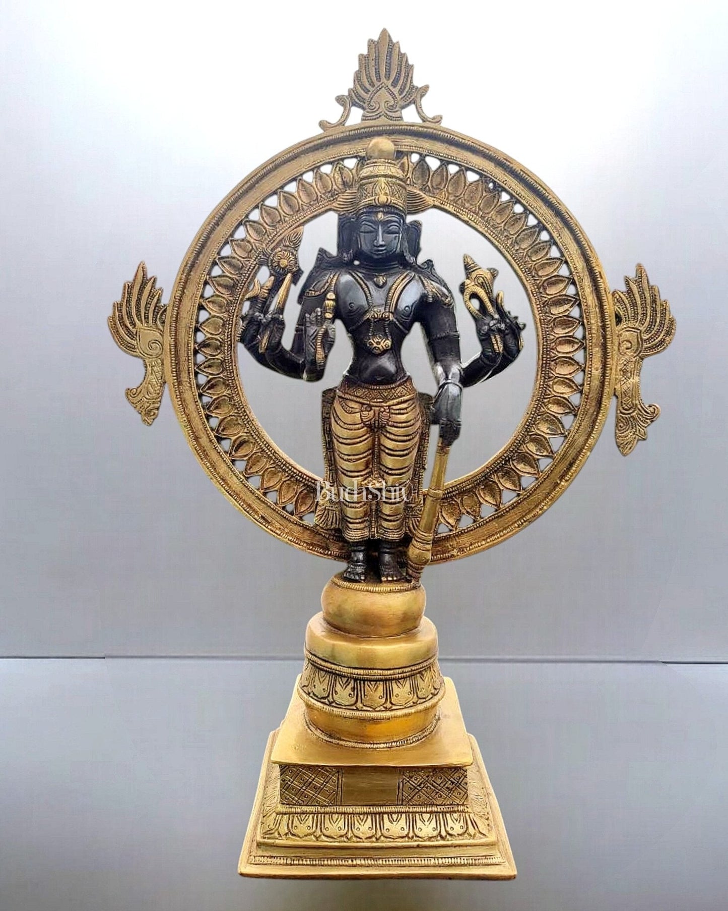 Superfine Brass Lord Vishnu Statue with Sudarshan Chakra Aura - 16.5 Inch black - Sama Homes Idol - Brass Sculpture