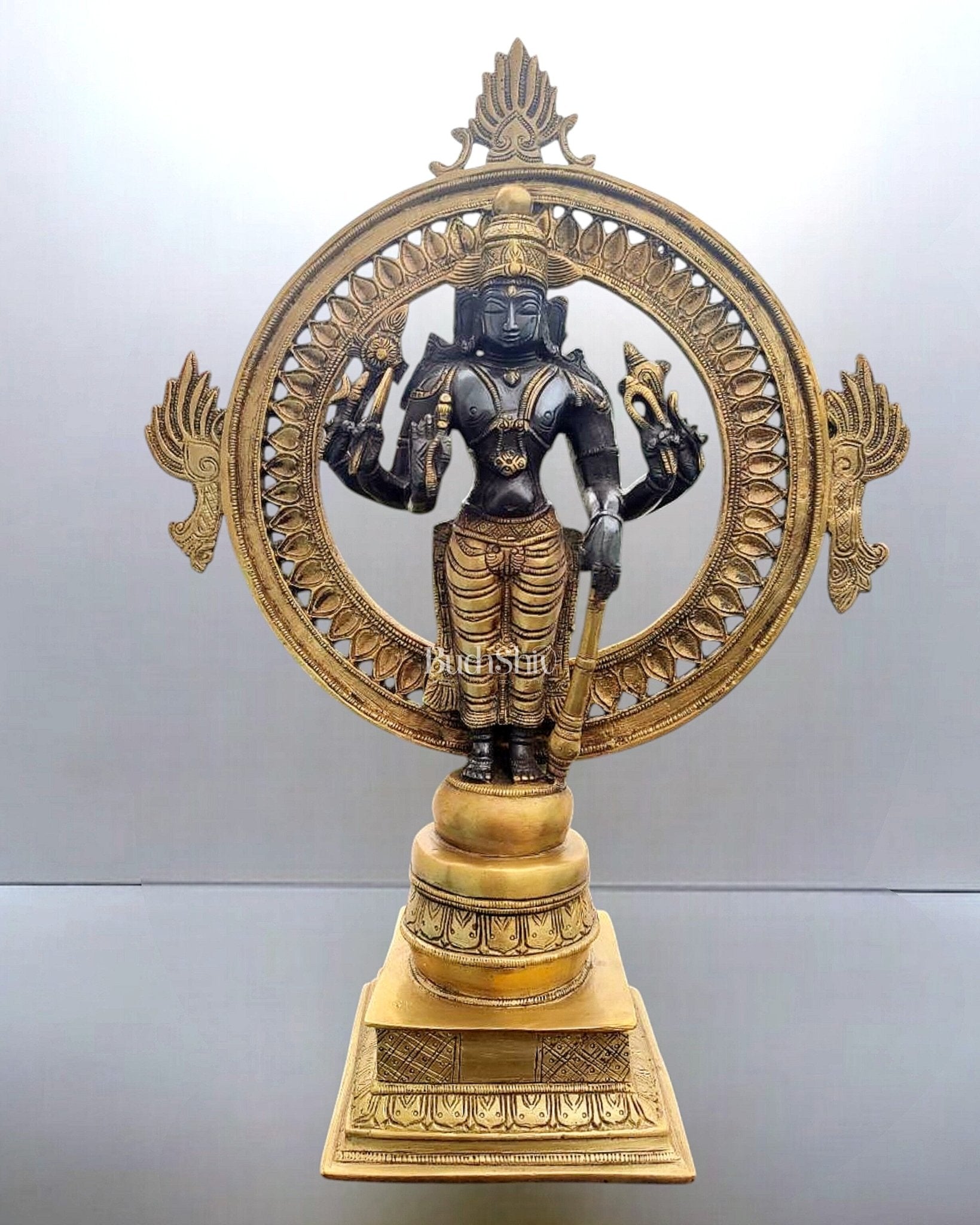 Superfine Brass Lord Vishnu Statue with Sudarshan Chakra Aura - 16.5 Inch black - Sama Homes Idol - Brass Sculpture - Eco-friendly - Sama Homes