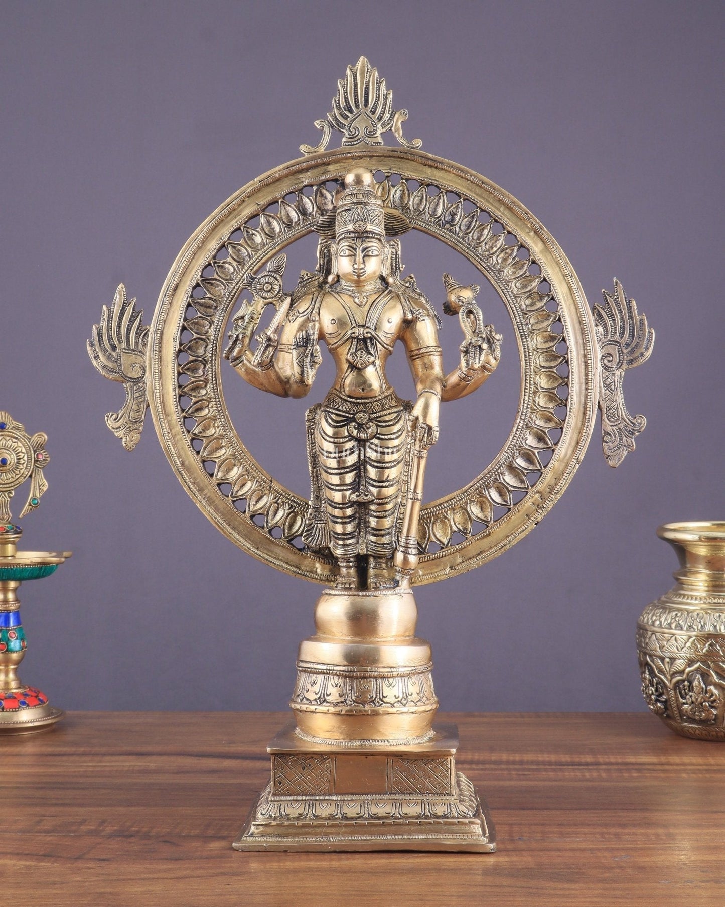 Superfine Brass Lord Vishnu Statue with Sudarshan Chakra Aura - 16.5 Inch - Sama Homes Idol - Brass Sculpture