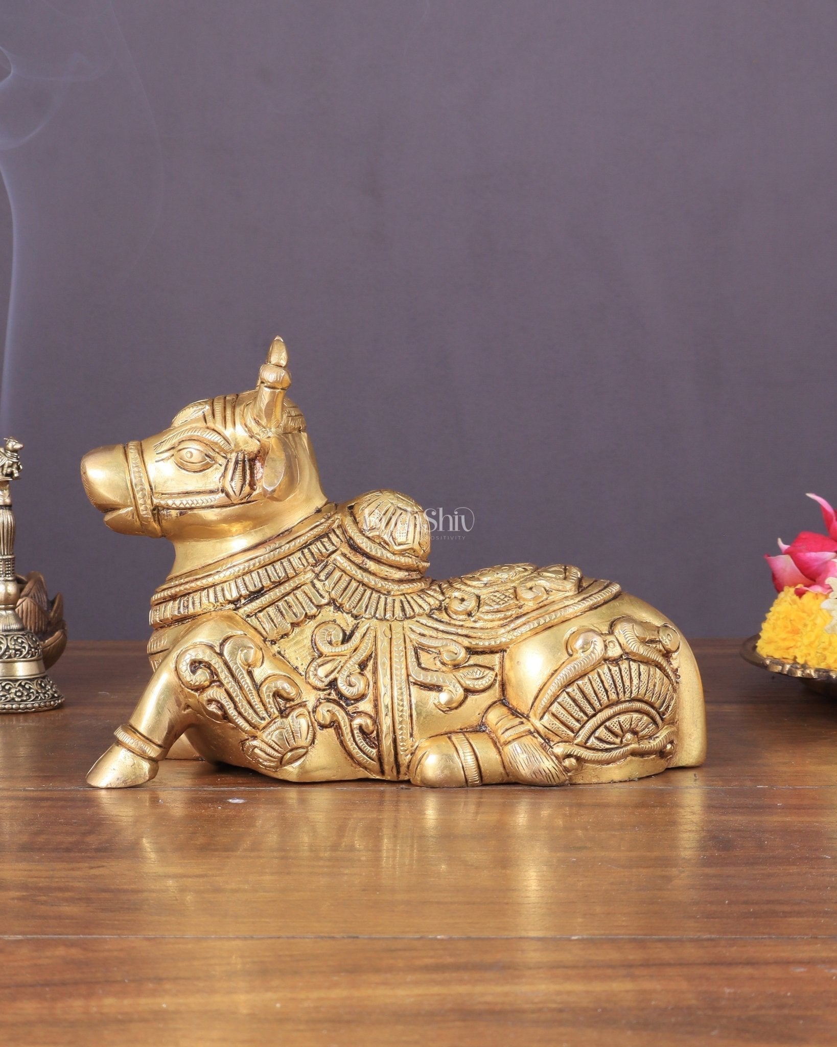 Superfine Brass Nandi engraved 8" wide - Sama Homes Idol - Brass Sculpture - Eco-friendly - Sama Homes