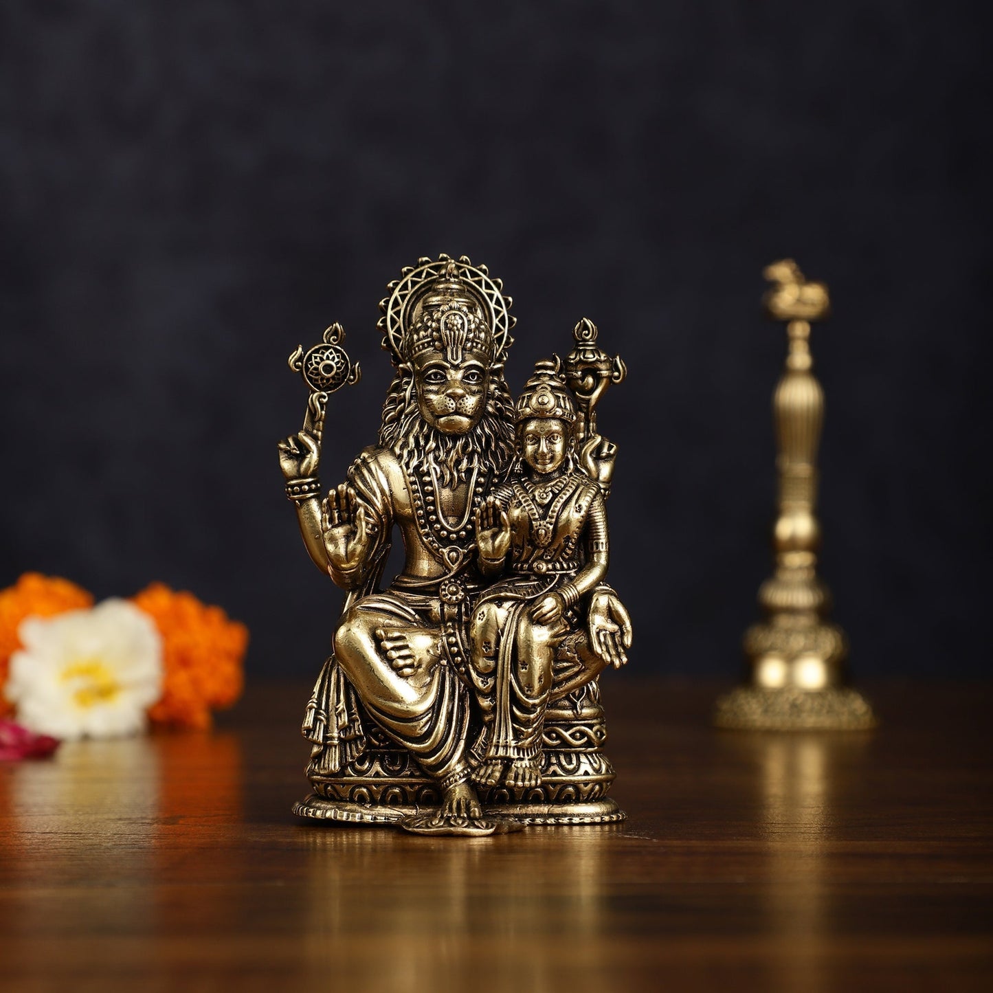 Superfine Brass Narsimha Lakshmi Statue | 4" Tall | - Sama Homes Idol - Brass Sculpture