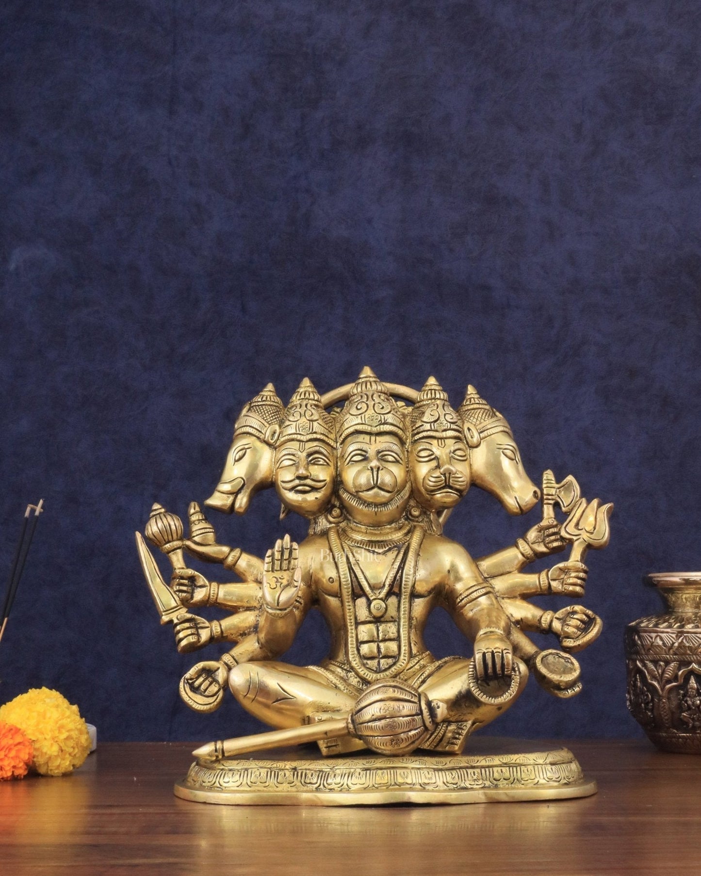 Superfine Brass Panchmukhi Hanuman with Crossed Legs 11" - Sama Homes Idol - Brass Sculpture