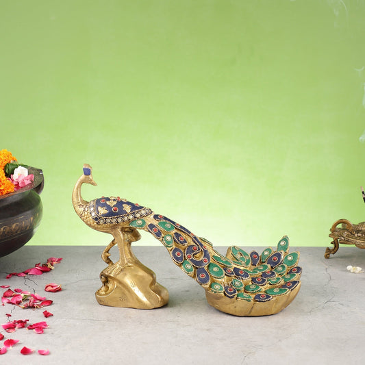 Superfine Brass Peacock Showpiece with Stonework 12 inch - Sama Homes Idol - Brass Sculpture