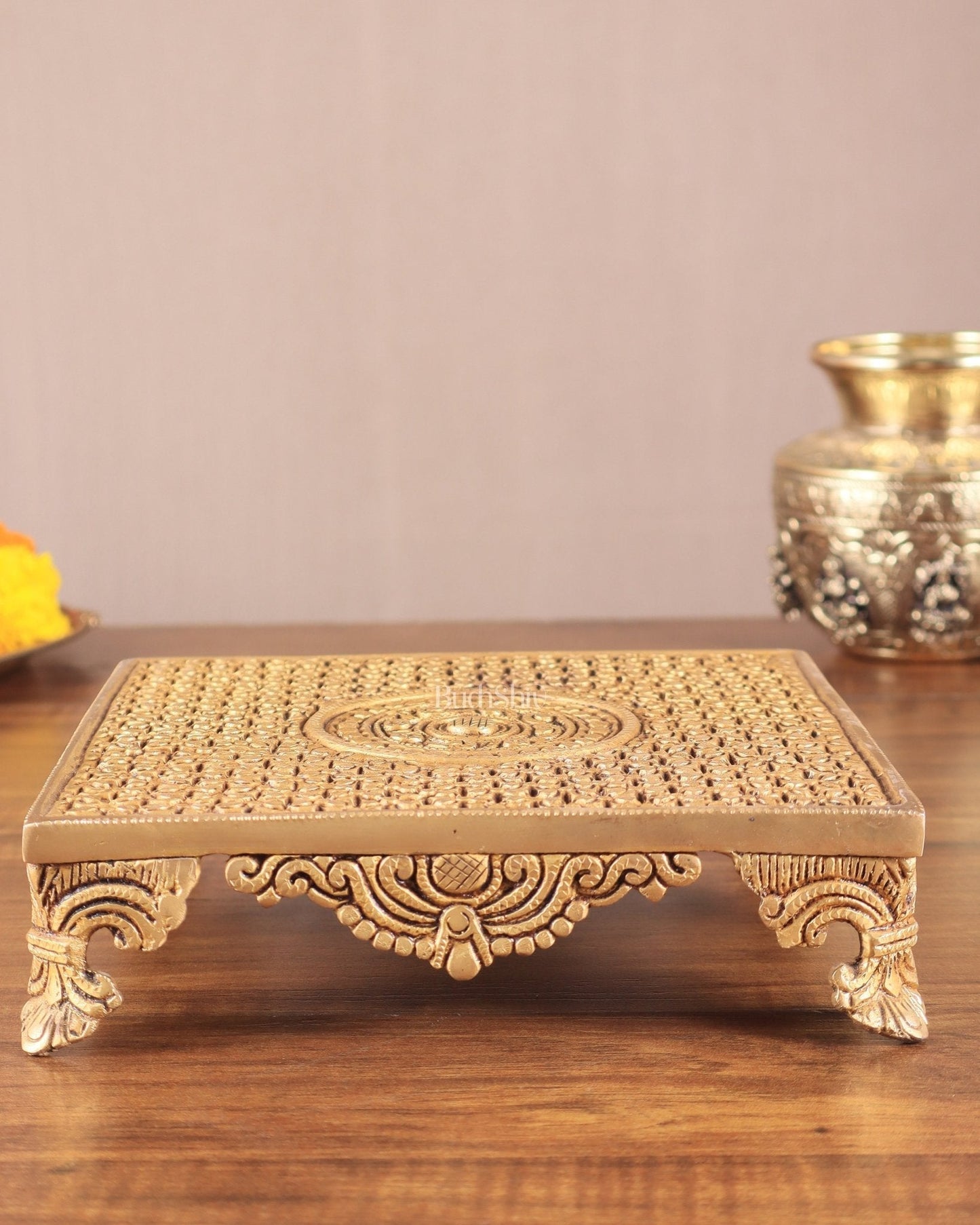 Superfine Brass Pooja Chowki Aasan for Temple - 8 x 8 inch - Sama Homes Idol - Brass Sculpture